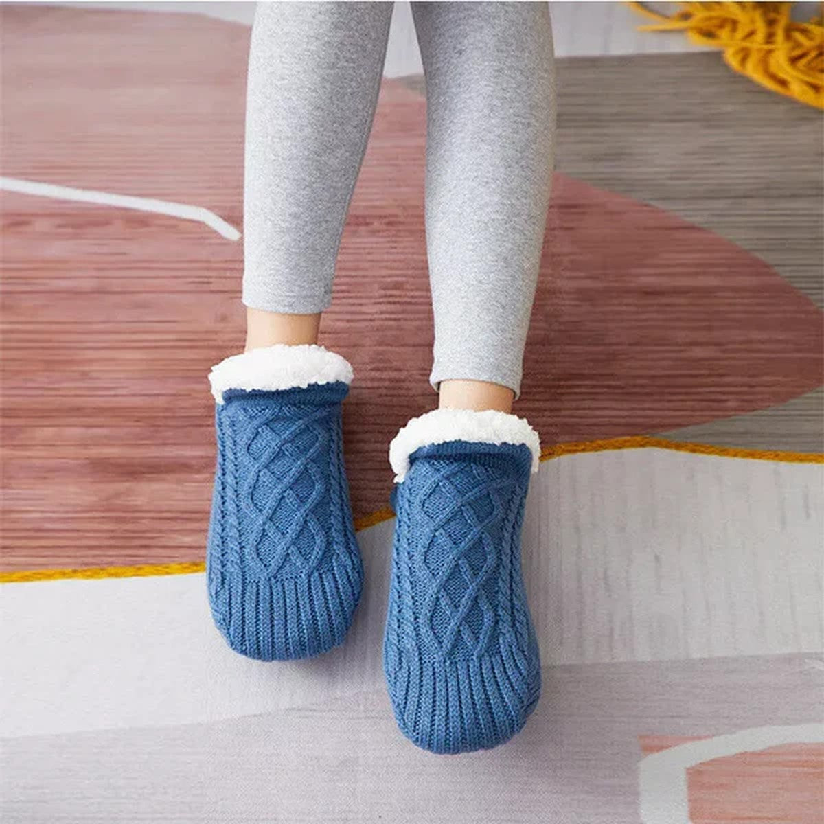 Fleece Lined Slipper Socks with Anti Slip Grippers and Knit Outer Shell