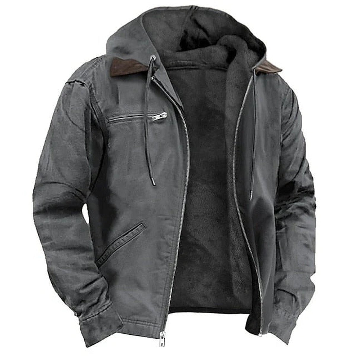 Mens Fleece Lined Winter Jacket with Removable Hood and Multiple Pockets