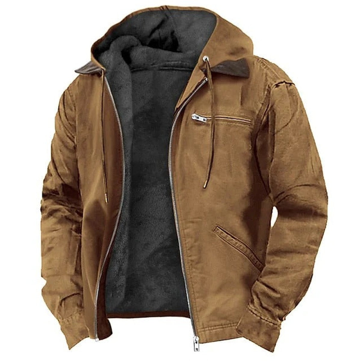 Mens Fleece Lined Winter Jacket with Removable Hood and Multiple Pockets