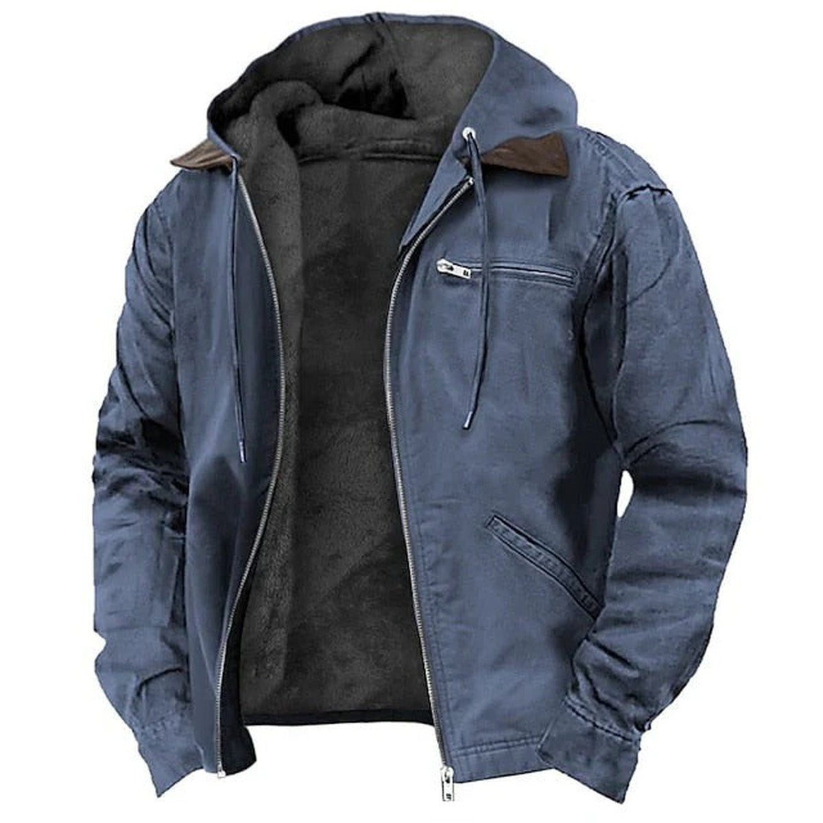 Mens Fleece Lined Winter Jacket with Removable Hood and Multiple Pockets