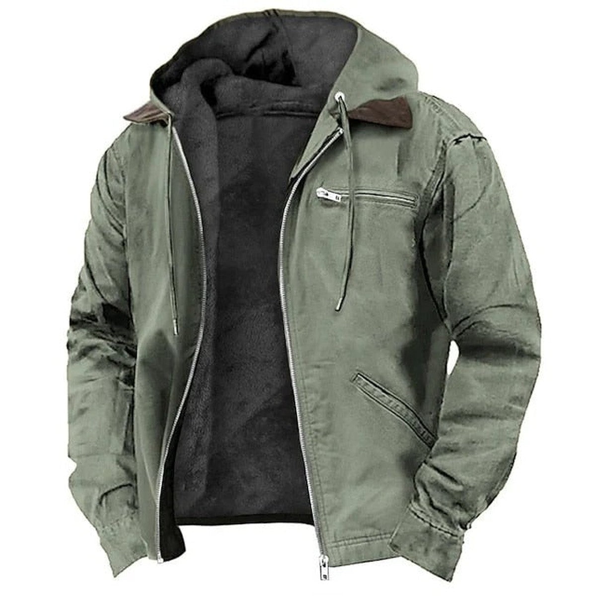 Mens Fleece Lined Winter Jacket with Removable Hood and Multiple Pockets