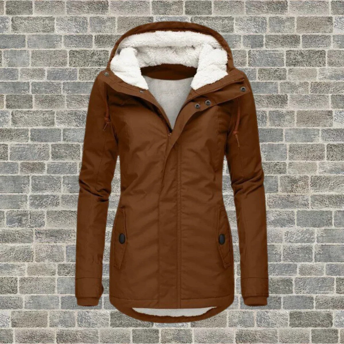 Womens Hooded Winter Parka with Fleece Lining and Zipper Front