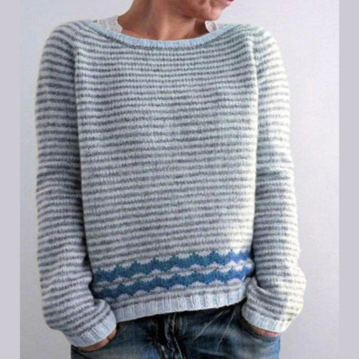 Retro Fair Isle Knit Pullover Sweater with Crew Neck and Long Sleeves