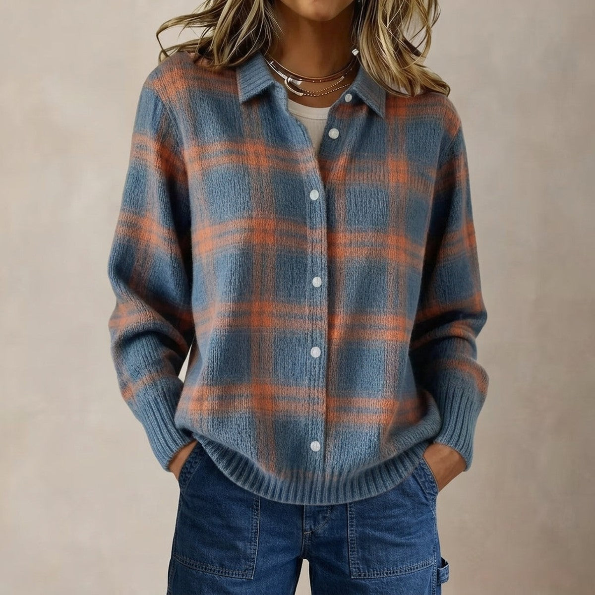 Checkered Knit V Neck Cardigan Sweater with Front Button Closure