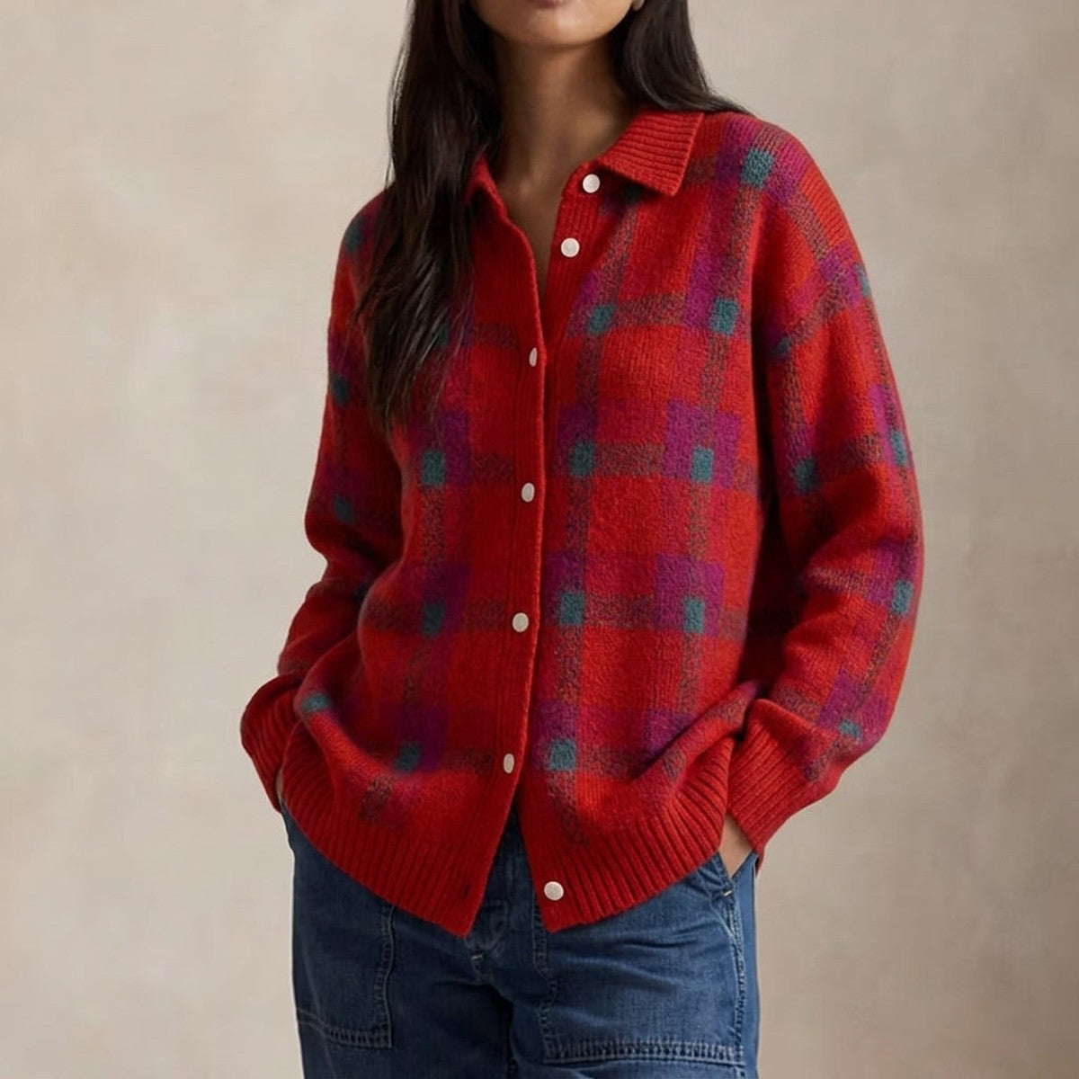 Checkered Knit V Neck Cardigan Sweater with Front Button Closure