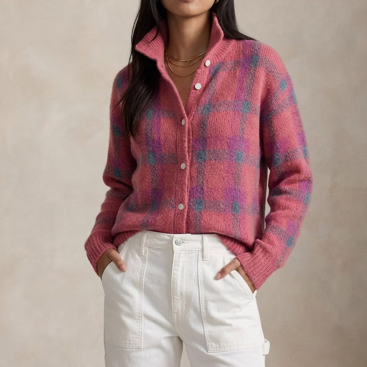 Checkered Knit V Neck Cardigan Sweater with Front Button Closure