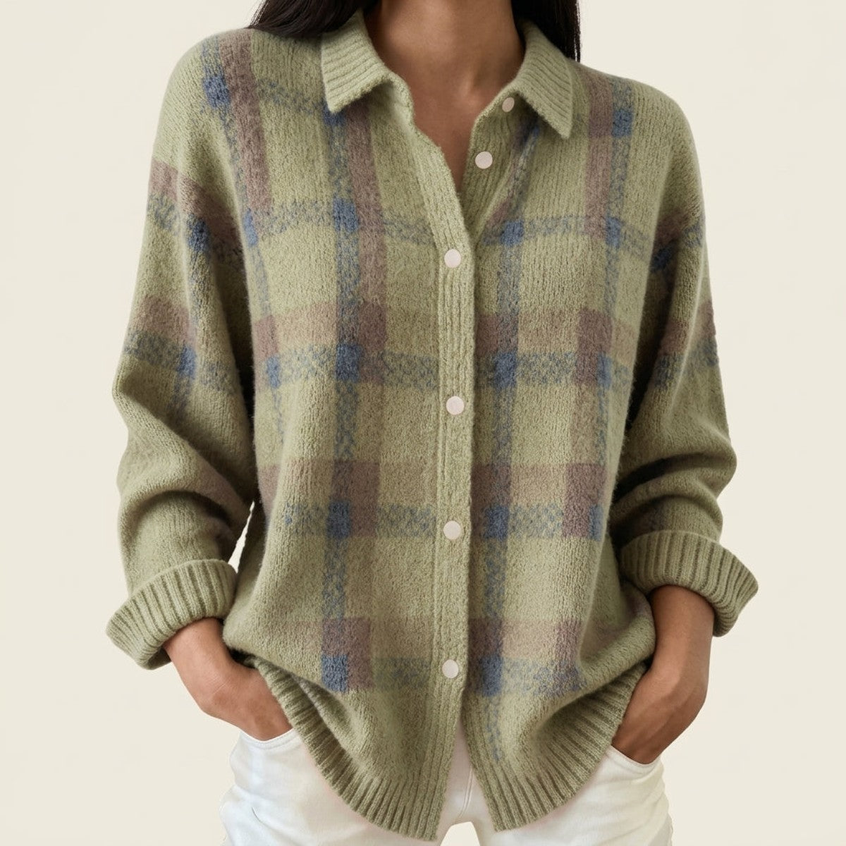 Checkered Knit V Neck Cardigan Sweater with Front Button Closure