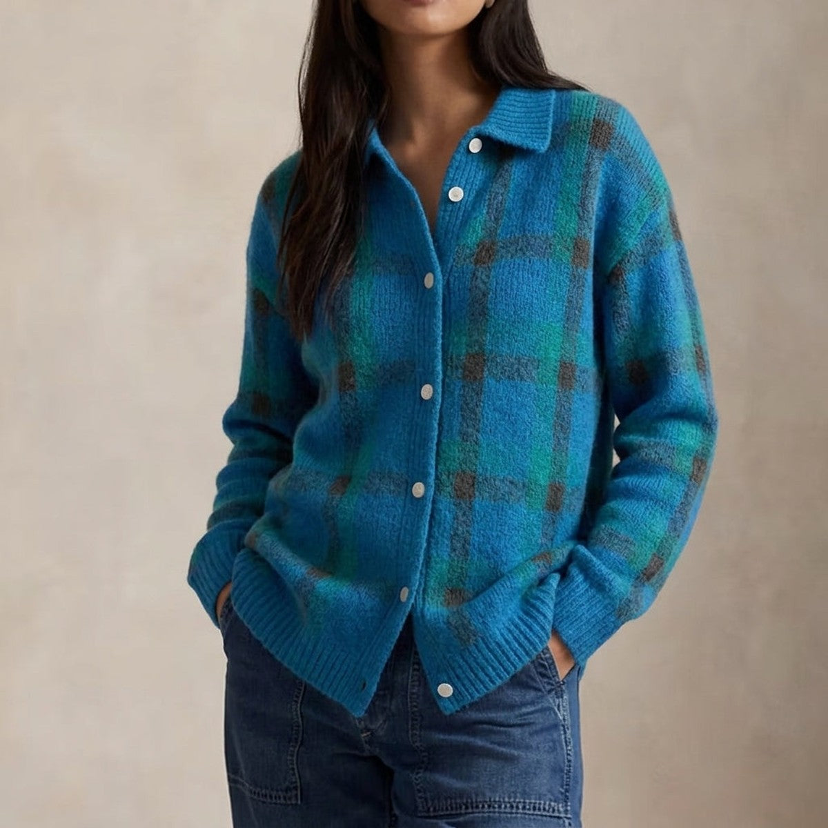 Checkered Knit V Neck Cardigan Sweater with Front Button Closure