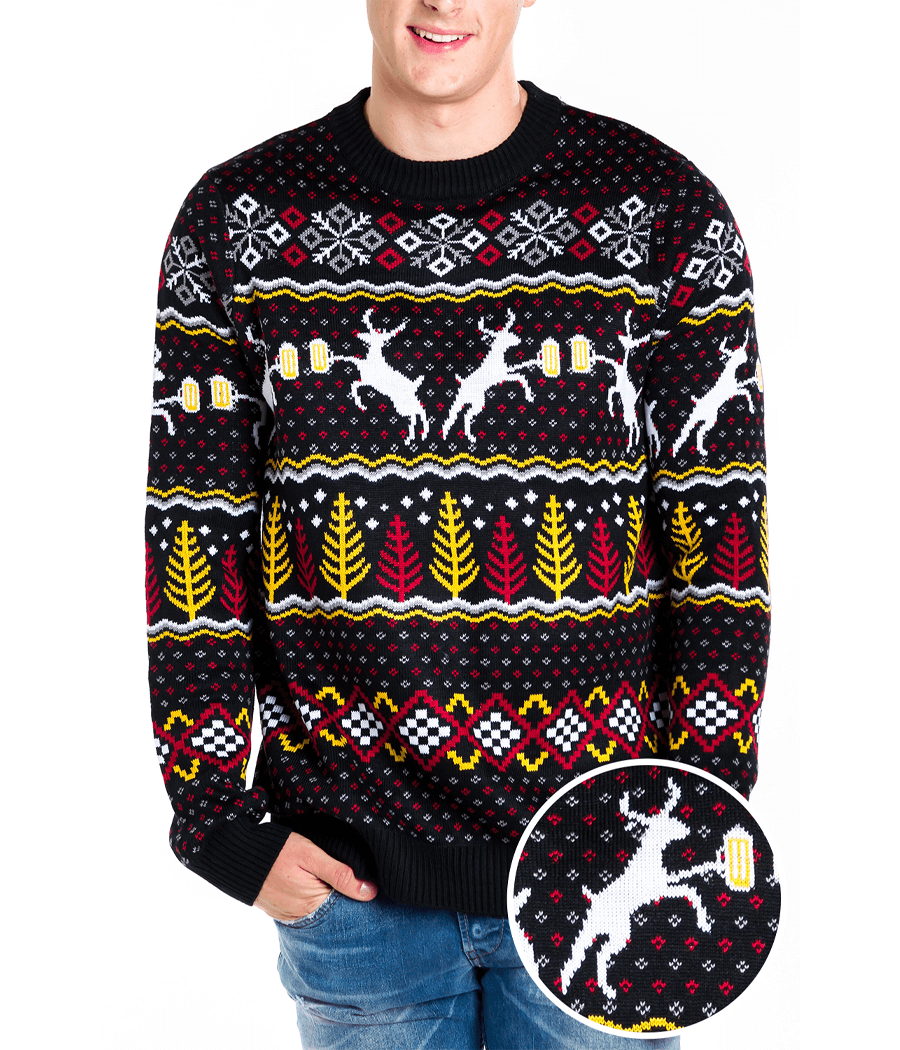 Mens Pullover Sweater with Festive Deer and Evergreen Pattern, Crew Neck