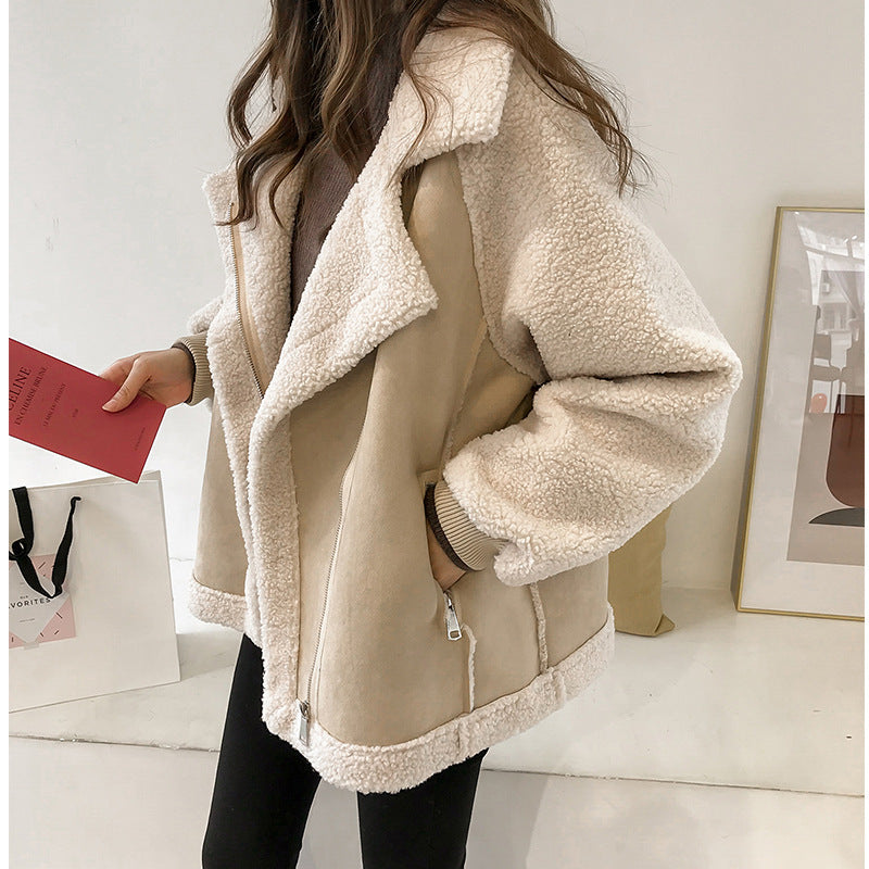 Faux Shearling Coat for Women with Turn-Down Collar and Oversized Relaxed Fit