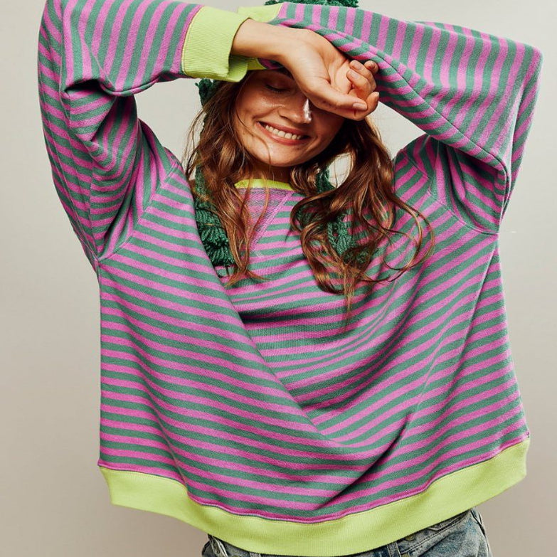 Oversized Striped Long Sleeve Pullover Sweater for Women - Green & Pink