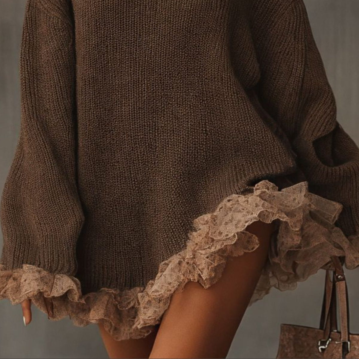 Oversized Turtleneck Sweater Dress with Ruffled Hem for Women - View 2