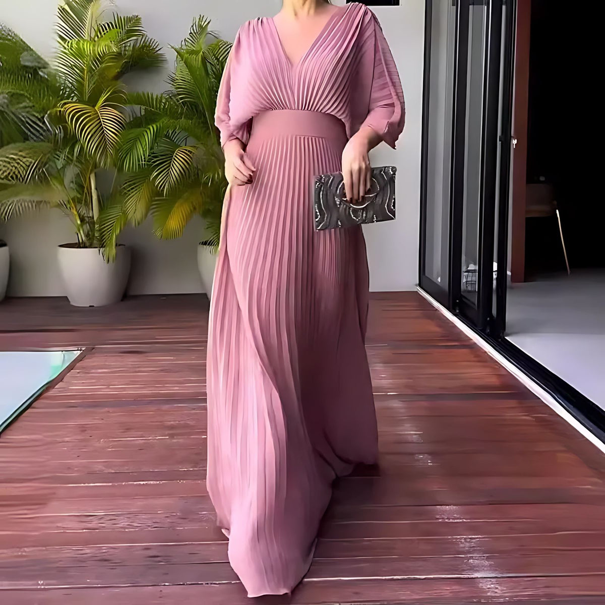 Womens Pleated Evening Gown with Cape Sleeves, Floor-Length