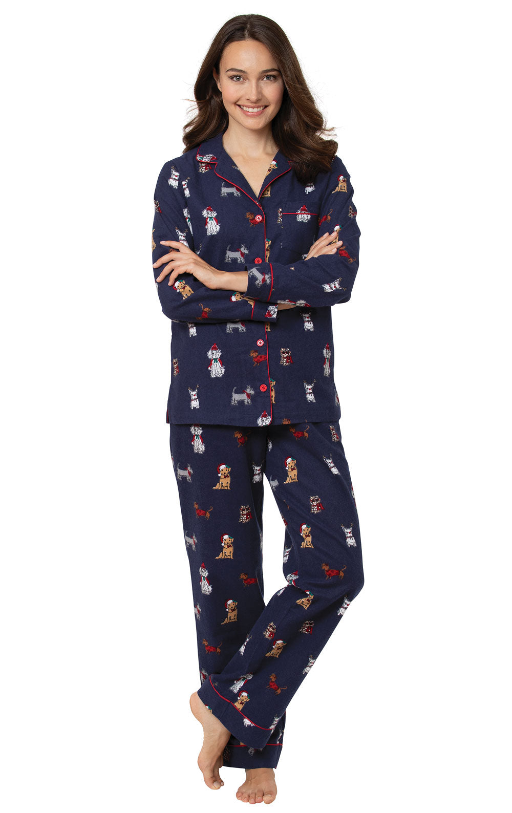 Flannel Pajama Set with Dog Print and Notch Collar, Drawstring Waist