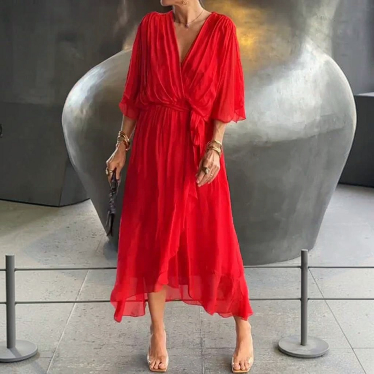 Silk V-Neck Dress with Light Muslin and Relaxed A-Line, for Day or Evening