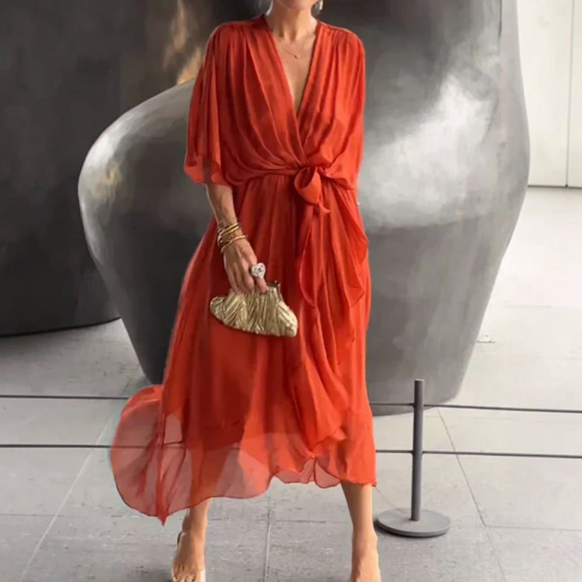 Silk V-Neck Dress with Light Muslin and Relaxed A-Line, for Day or Evening