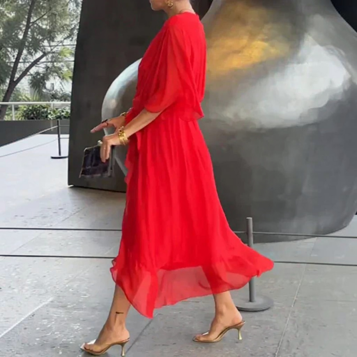 Silk V-Neck Dress with Light Muslin and Relaxed A-Line, for Day or Evening
