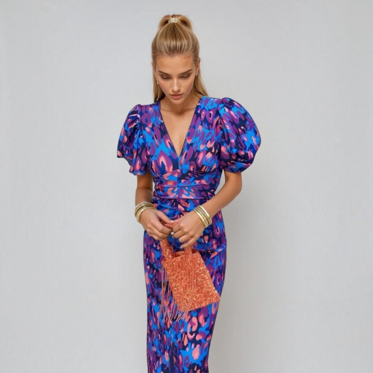 Puff Sleeve Printed Dress with Lightweight Fabric and A-Line Fit, Knee Length