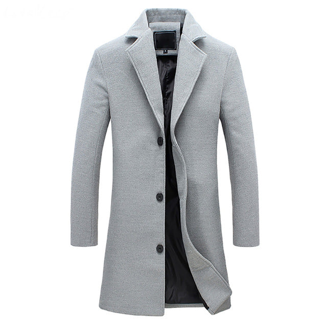 Mens Long Overcoat with Button Front and Smooth Interior Lining, Tailored Cut