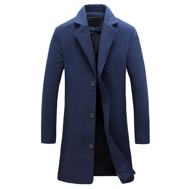 Mens Long Overcoat with Button Front and Smooth Interior Lining, Tailored Cut