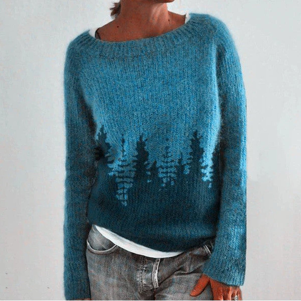 Retro Fair Isle Knit Pullover Sweater with Crew Neck and Long Sleeves