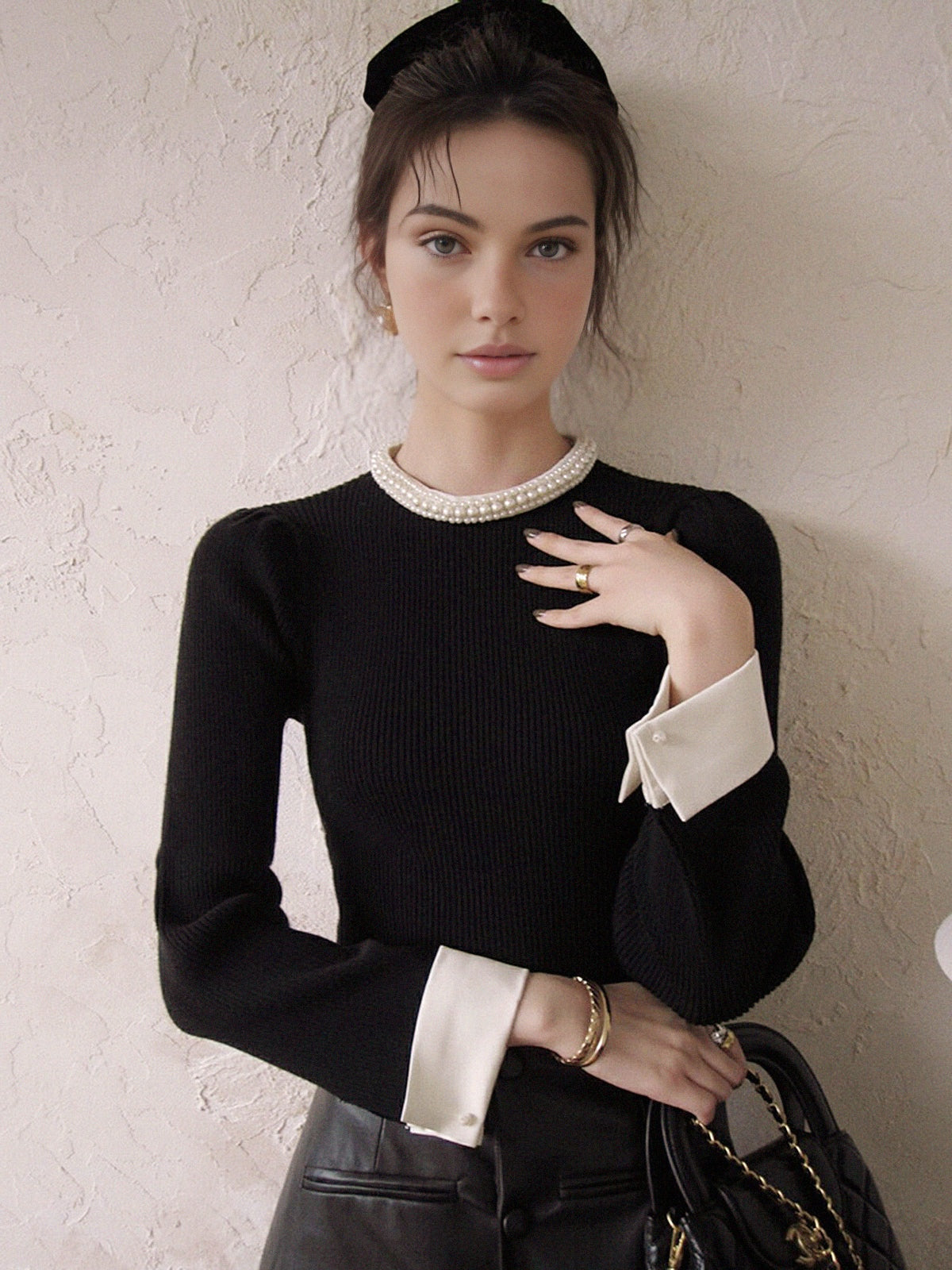 Ribbed Knit Sweater with Pearl Trim Crew Neck and Contrast Cuffs, Slim Fit