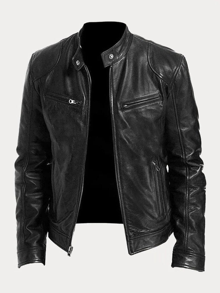 Faux Leather Jacket with Metal Front Zipper and Fitted Cuffs, Stand Collar