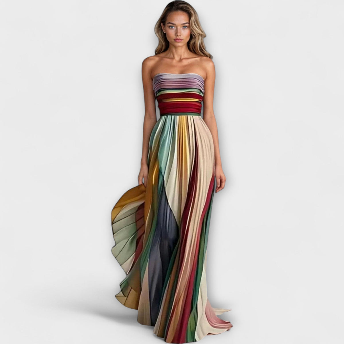 Strapless Pleated Dress with Fitted Bodice and Flowing Skirt, Machine Washable