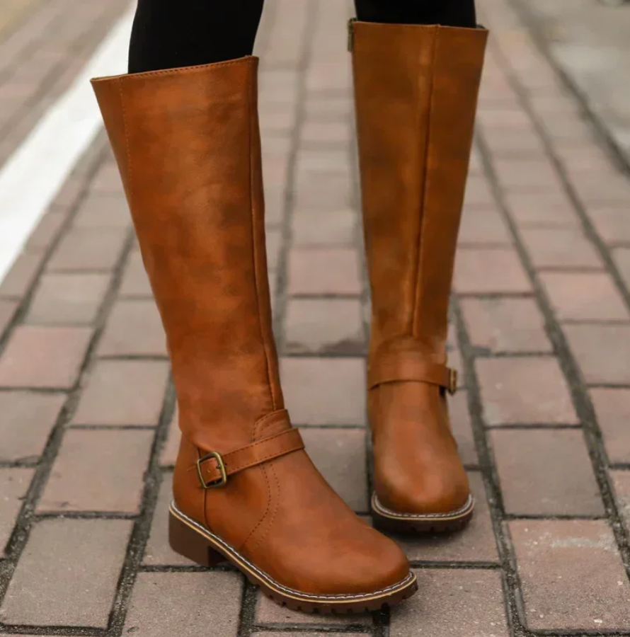 Womens Knee-High Leather Boots with Cushioned Footbed and Durable Traction Sole