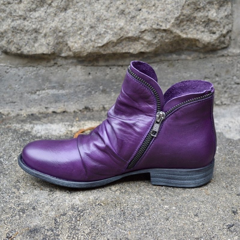 Womens Leather Ankle Boots with Cushioned Insole and Slip-Resistant Outsole, Side Zipper