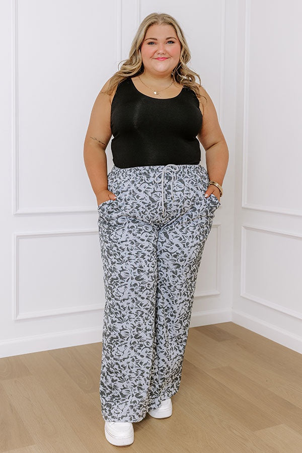 Wide Leg Jacquard Knit Pants with Elastic Waistband and Floral Pattern