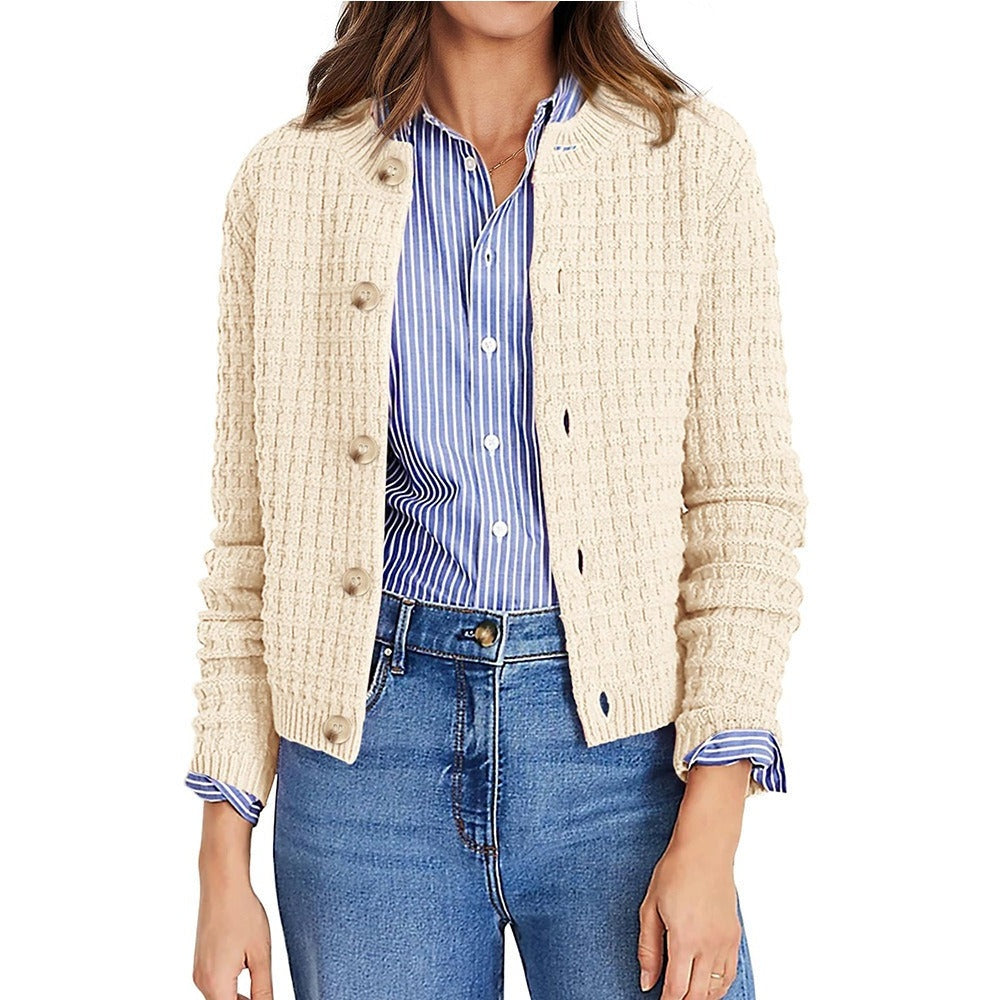 Womens Button Front Cardigan with Long Sleeves and Crewneck, Knit Cotton