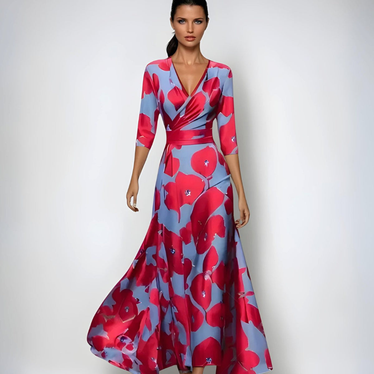 Women's Elegant V-Neck Wrap Floral Dress Maxi Length