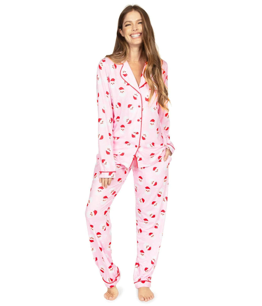 Womens Pink Holiday Pajama Set with Long Sleeves and Drawstring Waistband