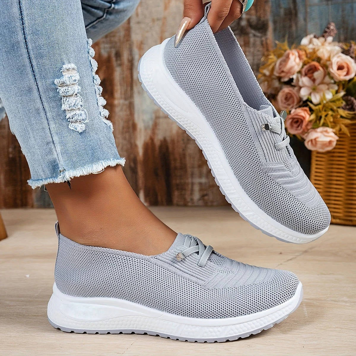 Womens Slip-On Mesh Sneakers with Elastic Lace and Cushioned Sole for Everyday Walking