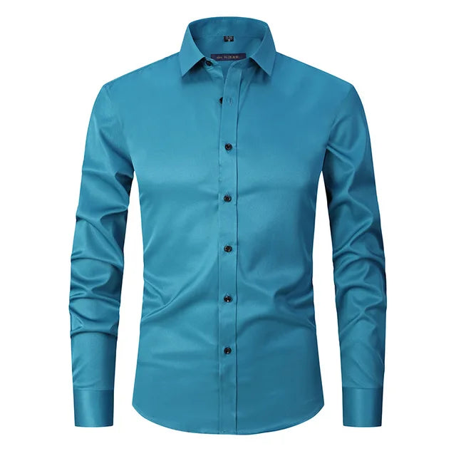 Mens Slim-Fit Long Sleeve Shirt with Breathable Cotton Blend and Full Button Front