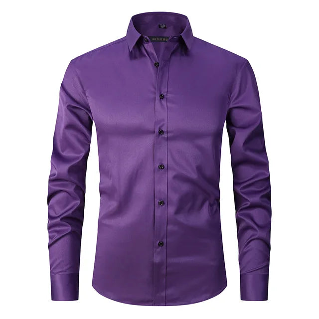 Mens Slim-Fit Long Sleeve Shirt with Breathable Cotton Blend and Full Button Front
