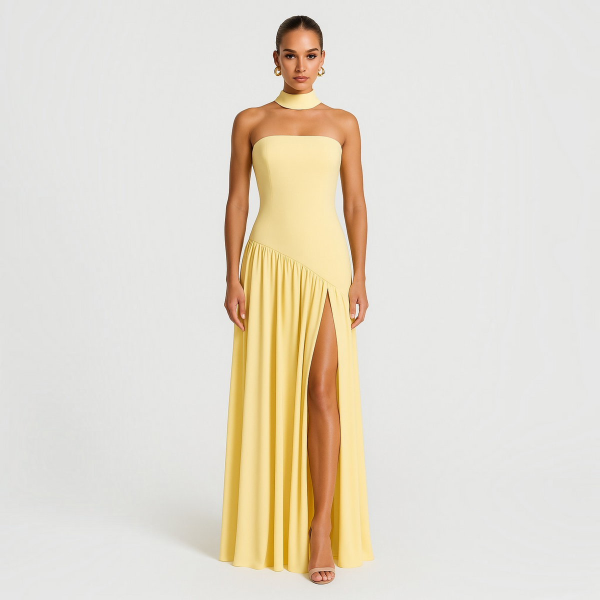 Strapless Evening Dress with Sculpted Bodice and Asymmetric Waist, High Front Slit