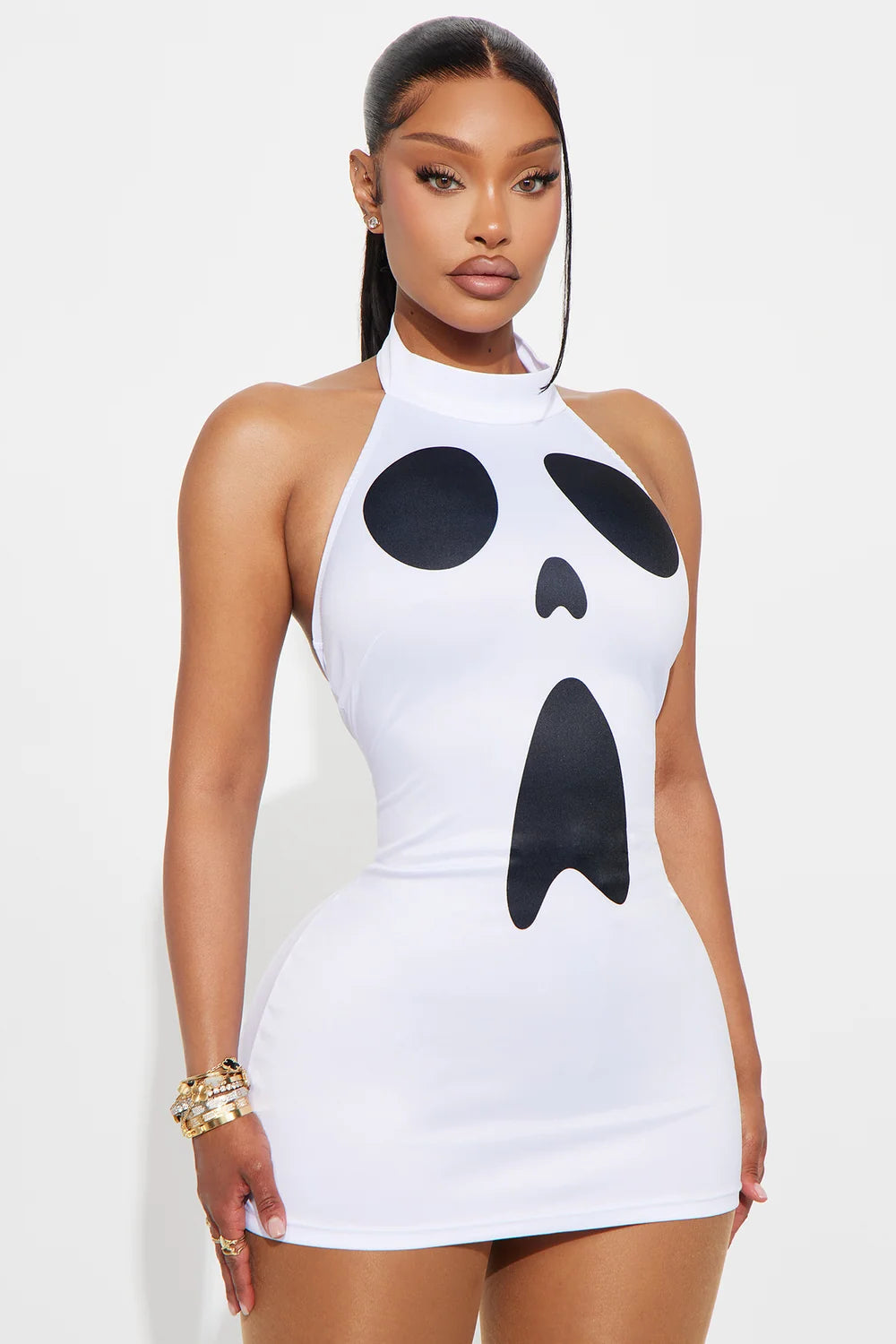 Bodycon Mini Dress with Ghost Print Graphic and High Neckline, Sleeveless