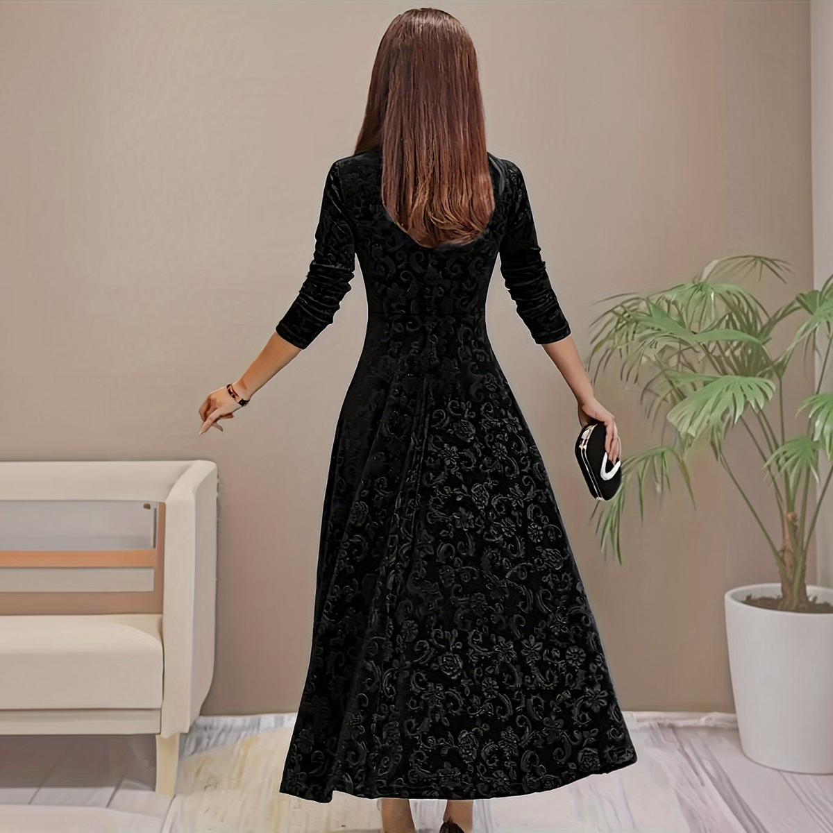 Velvet Midi Dress with Floral Embroidery and Three-Quarter Sleeves, Back Zipper