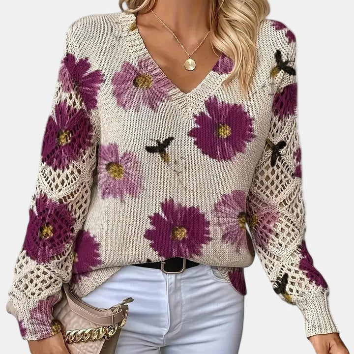 Floral Knit Sweater with V-Neckline and Open Sleeves for Women - Ribbed Hem