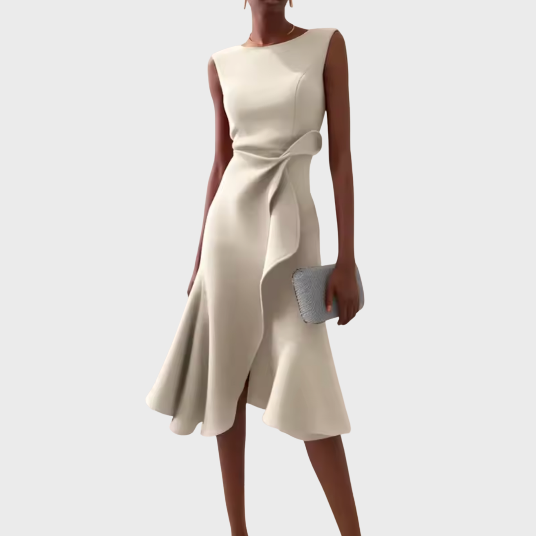 Asymmetric Midi Dress with Draped Detail and Sleeveless Cut, Lightweight Drapey Fabric