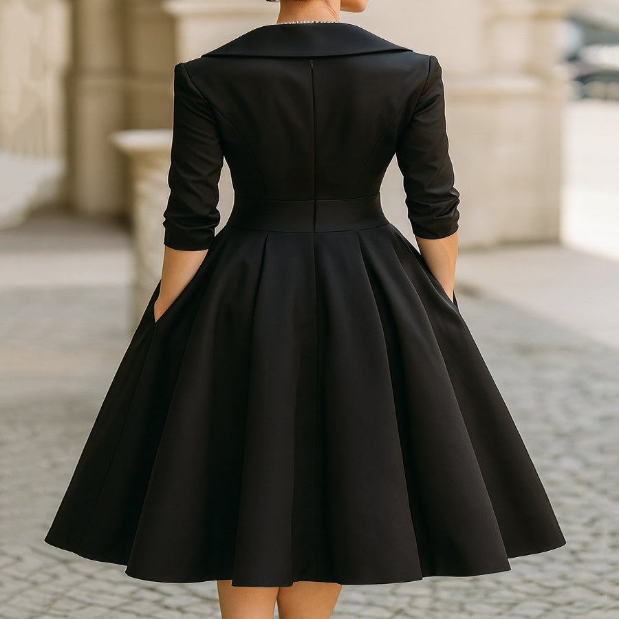 Satin-Like Midi Dress with Stretch Blend and Semi-Fitted Bodice - Mid-Calf Length