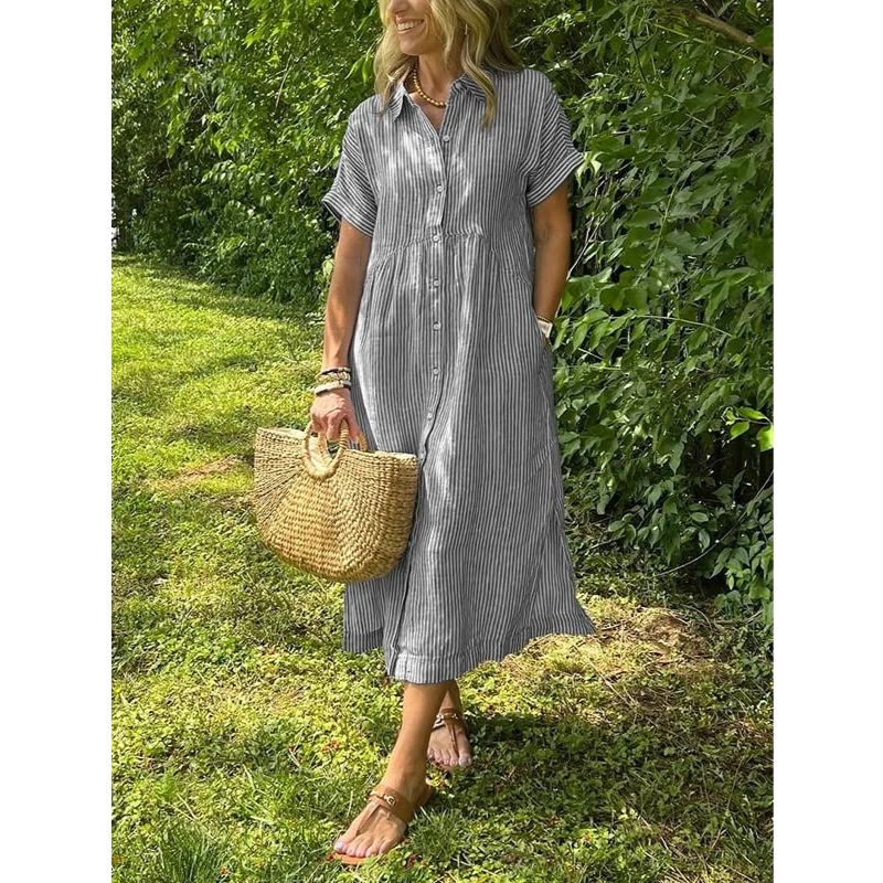 Button-Up Shirt with Collar and Vertical Stripes, Long Sleeve Relaxed Fit