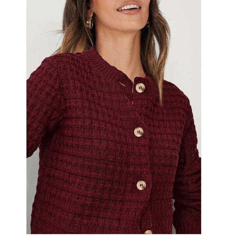 Womens Button Front Cardigan with Long Sleeves and Crewneck, Knit Cotton