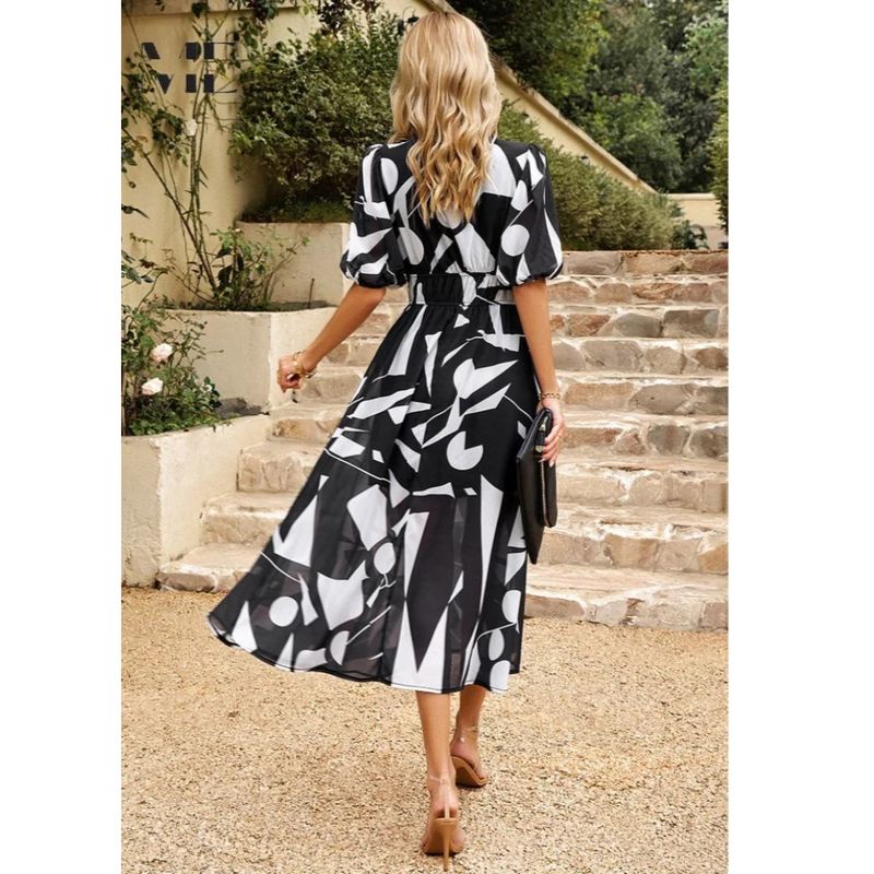 Floral Midi Dress with Puff Sleeves and Tailored Waist, Lightweight Woven Fabric
