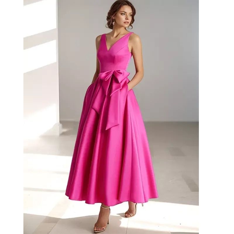Womens A-Line Midi Dress with V-Neckline and Structured Bow Waist