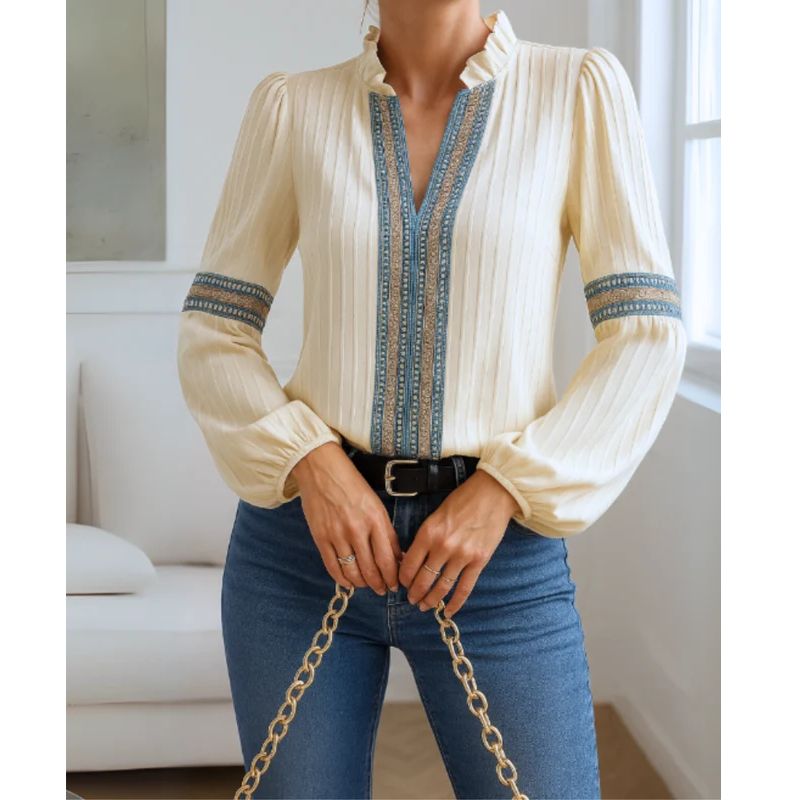 Womens Cotton Blend V-Neck Blouse with Pleated Shoulders and Relaxed Fit