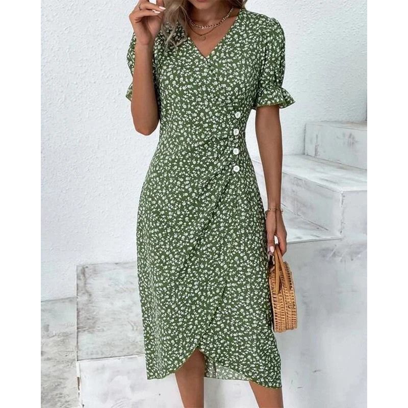 Floral Print Wrap Dress with V-Neck and Adjustable Tie Closure