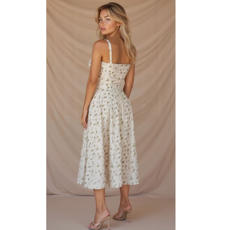Corset Midi Dress with Structured Bodice and Flowing Flared Skirt, Stretch Lined